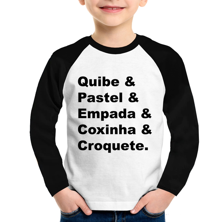 Camiseta Raglan Infantil Quibe & Pastel & Coxinha & Empada & Croquete Manga Longa