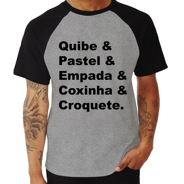 Camiseta Raglan Quibe & Pastel & Coxinha & Empada & Croquete - Cinza/Preto