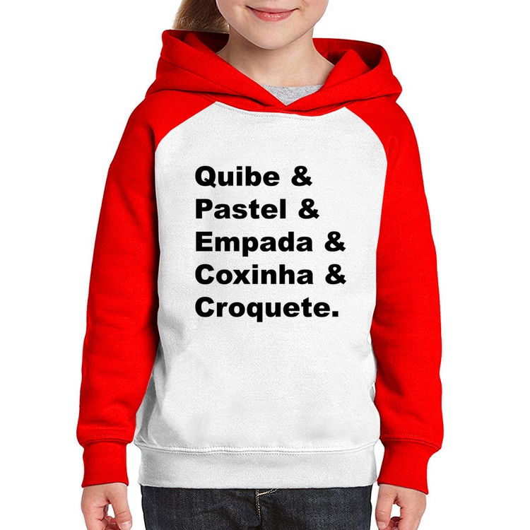 Moletom Infantil Quibe & Pastel & Coxinha & Empada & Croquete - Branco/Vermelho