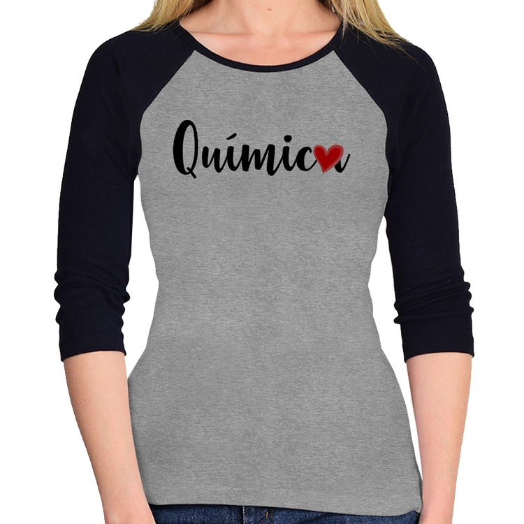 Baby Look Raglan Química por amor Manga 3/4 - Cinza/Preto