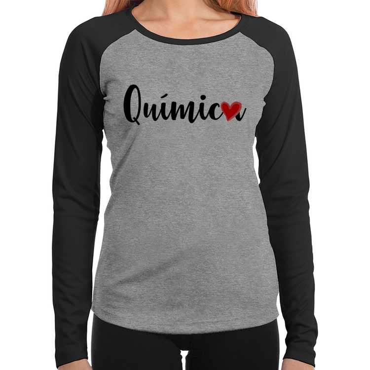 Baby Look Raglan Química por amor Manga Longa - Cinza/Preto