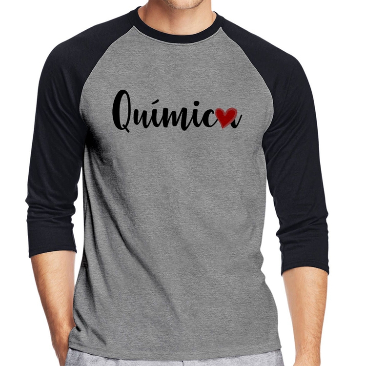 Camiseta Raglan Química por amor Manga 3/4 - Cinza/Preto