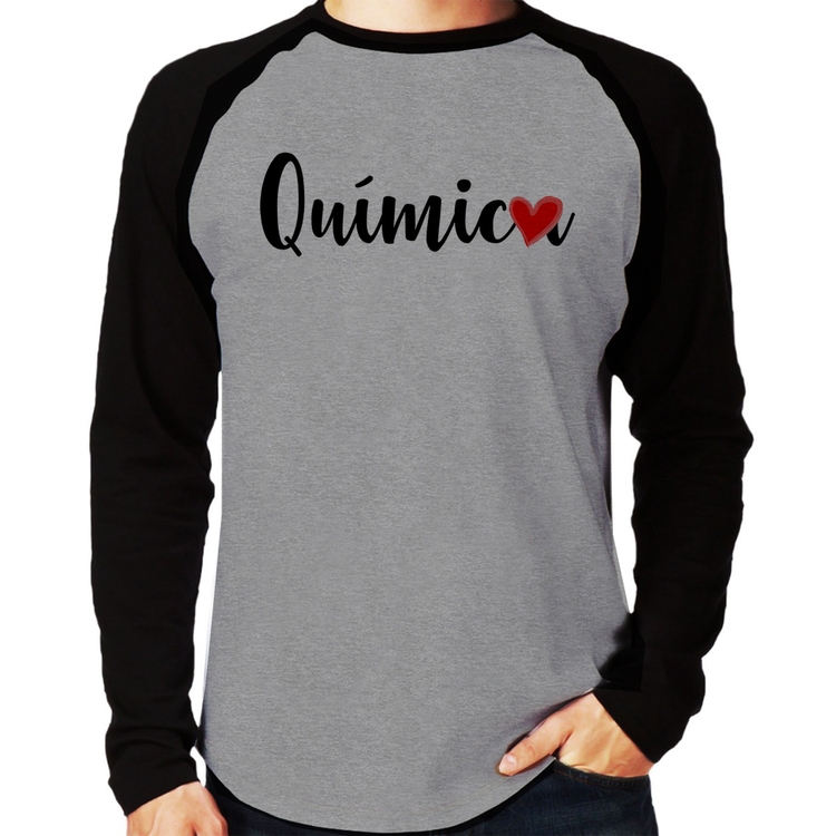 Camiseta Raglan Química por amor Manga Longa - Cinza/Preto