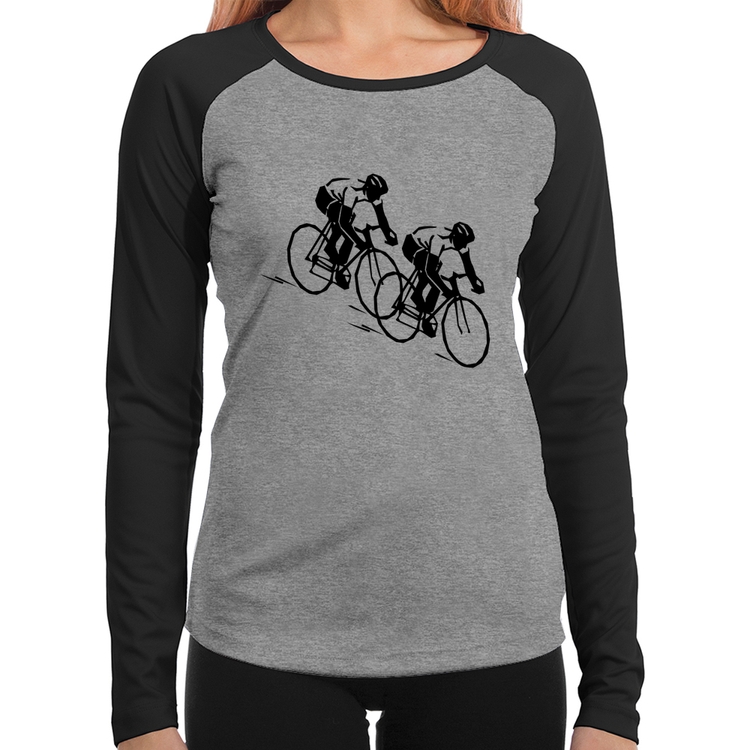 Baby Look Raglan Race Bike Manga Longa - Cinza/Preto