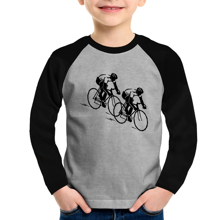 Camiseta Raglan Infantil Race Bike Manga Longa - Cinza/Preto