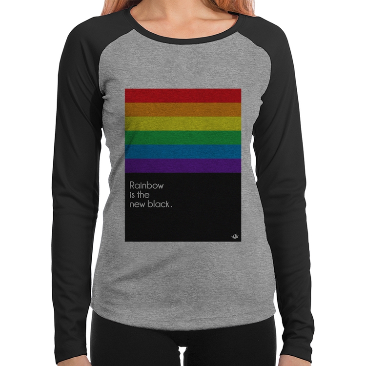 Baby Look Raglan Rainbow is the new black Manga Longa - Cinza/Preto