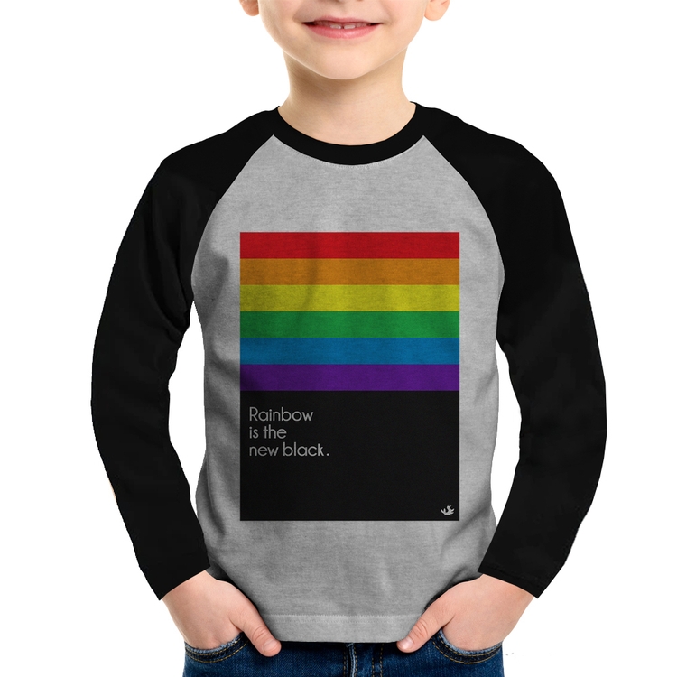 Camiseta Raglan Infantil Rainbow is the new black Manga Longa - Cinza/Preto