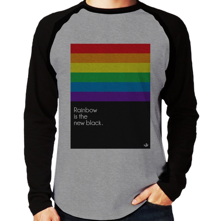 Camiseta Raglan Rainbow is the new black Manga Longa - Cinza/Preto