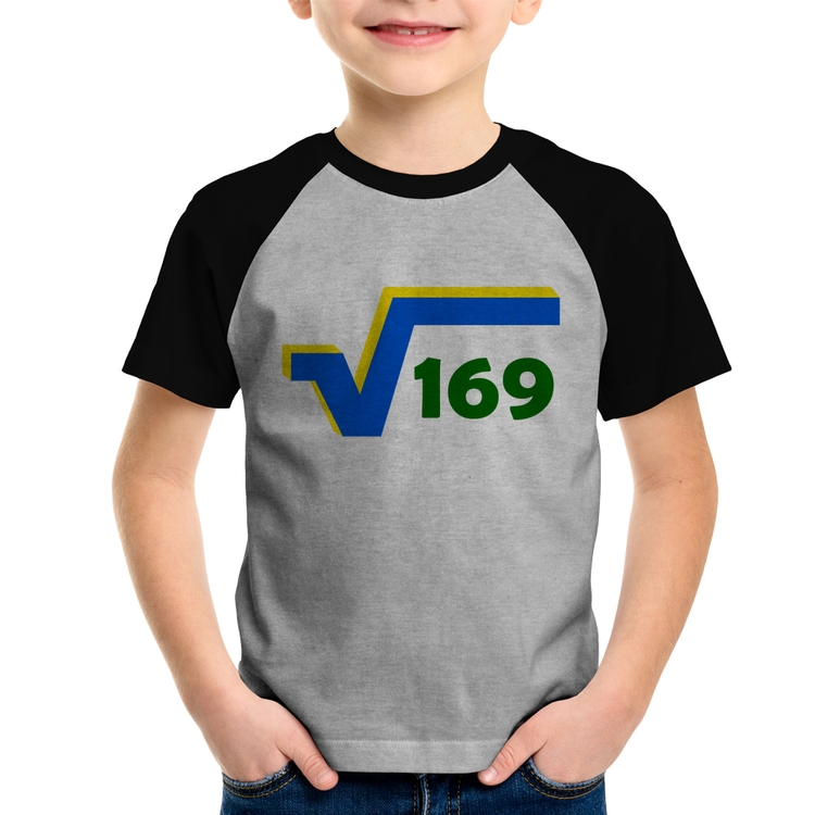 Camiseta Raglan Infantil Raiz Quadrada 169 (Cores da Bandeira) - Cinza/Preto