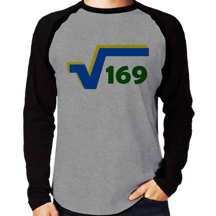 Camiseta Raglan Raiz Quadrada 169 (Cores da Bandeira) Manga Longa - Cinza/Preto