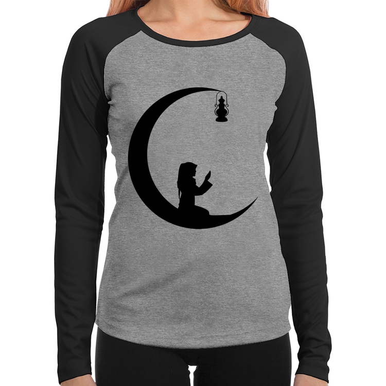 Baby Look Raglan Ramadan Manga Longa - Cinza/Preto