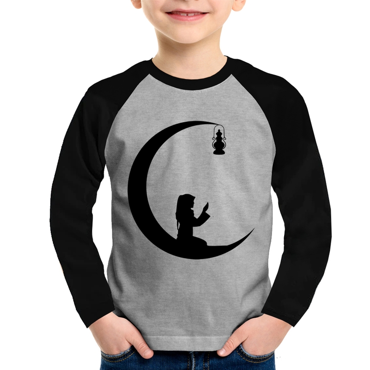 Camiseta Raglan Infantil Ramadan Manga Longa - Cinza/Preto