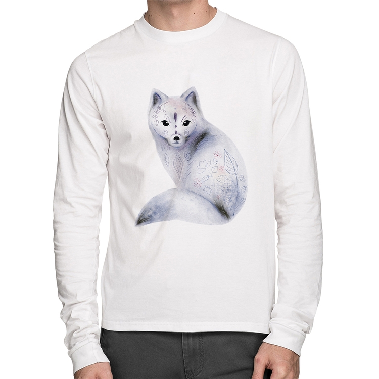 Camiseta Algodão Raposa Arte Manga Longa - Branca