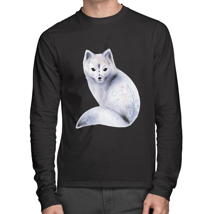 Camiseta Algodão Raposa Arte Manga Longa