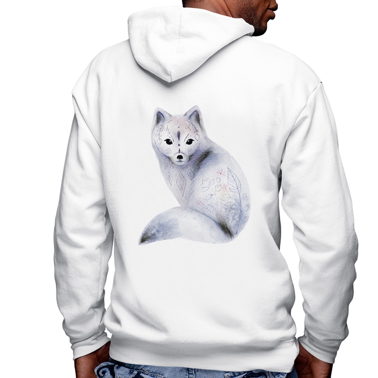 Blusa Moletom Raposa Arte Masculina com Capuz e Zíper - Branca