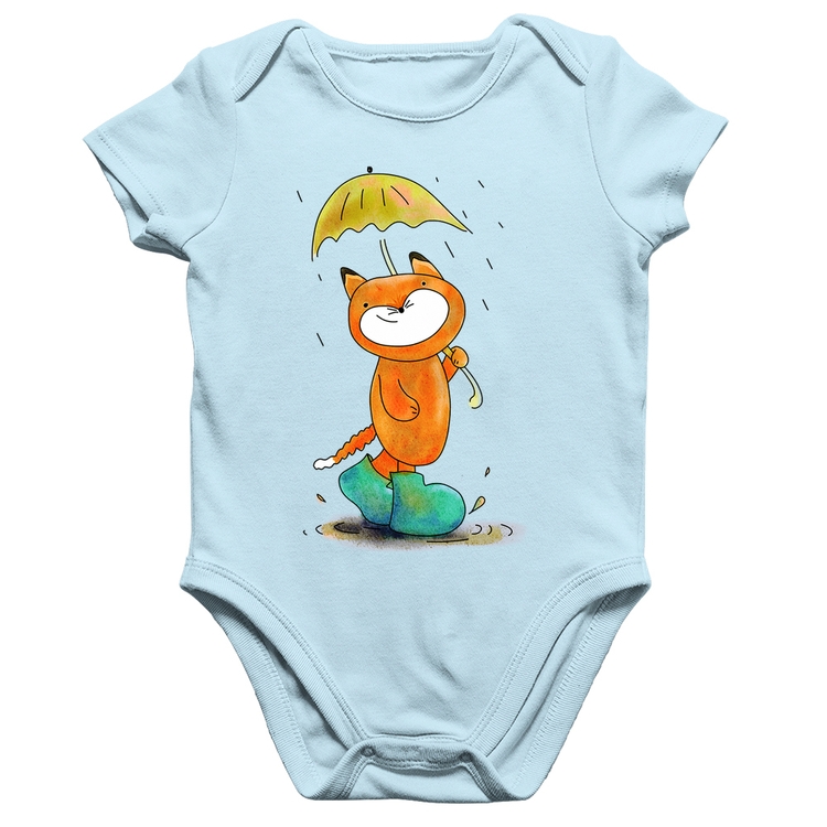 Body Bebê Algodão Raposa Fofinha Na Chuva - Azul Bebê
