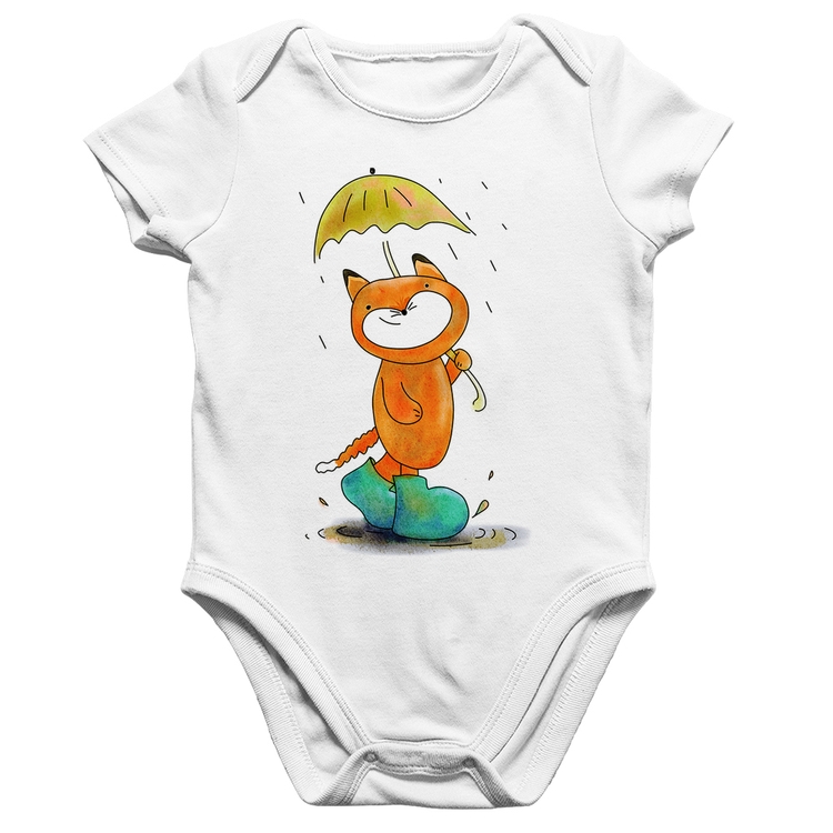 Body Bebê Algodão Raposa Fofinha Na Chuva - Branco