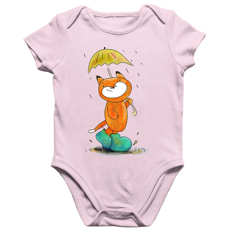Body Bebê Algodão Raposa Fofinha Na Chuva - Rosa Bebê