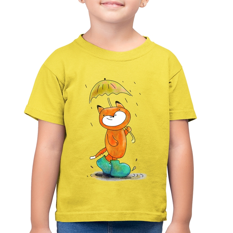 Camiseta Algodão Infantil Raposa Fofinha Na Chuva - Amarelo Canário