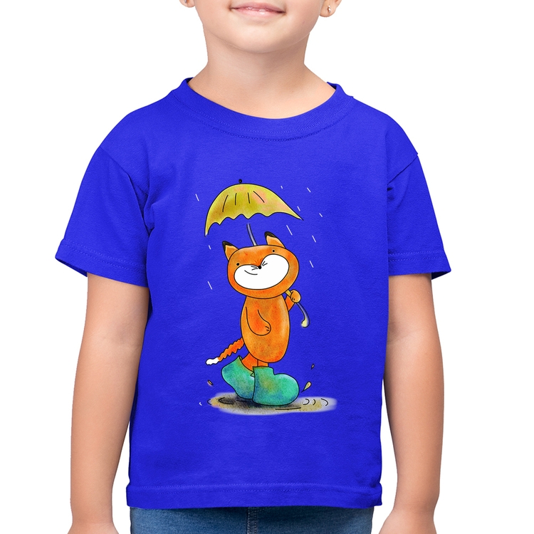 Camiseta Algodão Infantil Raposa Fofinha Na Chuva - Azul Royal