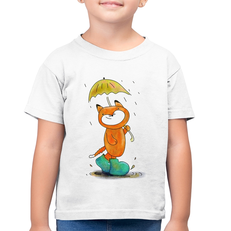 Camiseta Algodão Infantil Raposa Fofinha Na Chuva - Branca