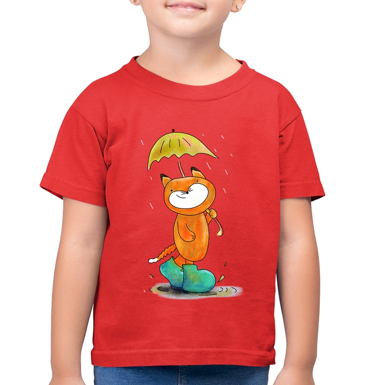 Camiseta Algodão Infantil Raposa Fofinha Na Chuva - Vermelha