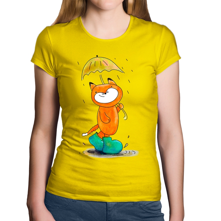 Baby Look Algodão Raposa Fofinha Na Chuva - Amarela