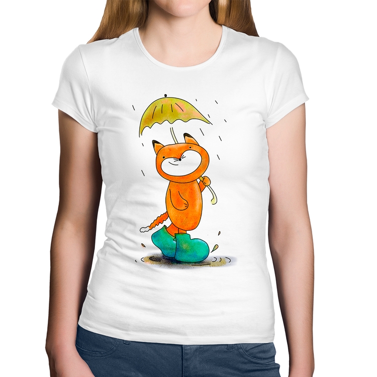 Baby Look Algodão Raposa Fofinha Na Chuva - Branca