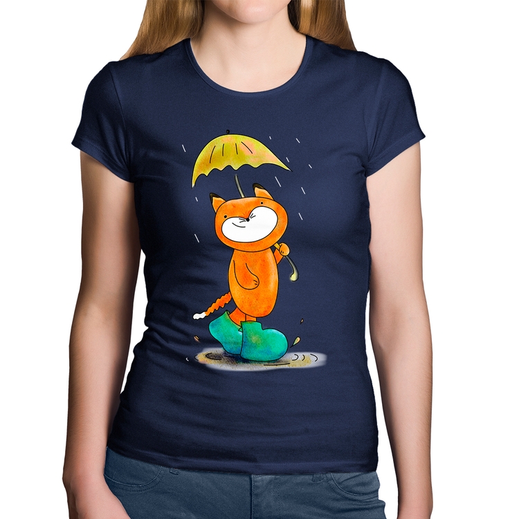 Baby Look Algodão Raposa Fofinha Na Chuva - Marinho