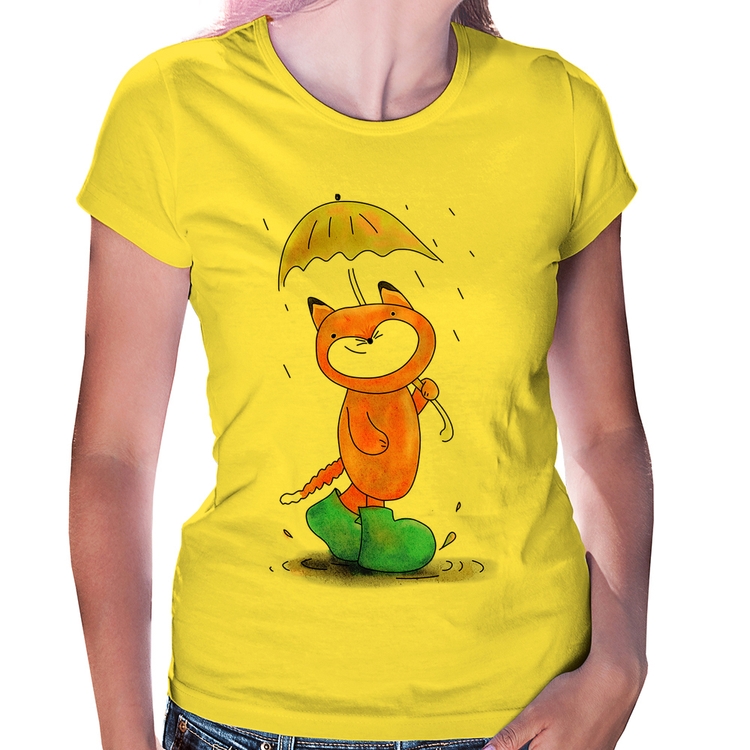 Baby Look Raposa Fofinha Na Chuva - Amarela