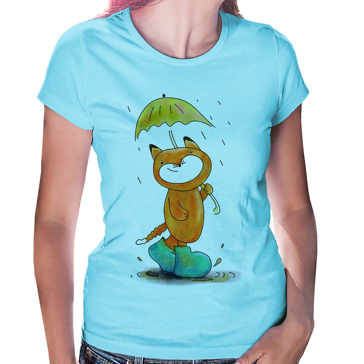 Baby Look Raposa Fofinha Na Chuva - Azul Bebê