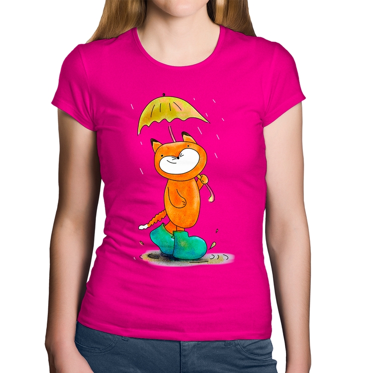 Baby Look Algodão Raposa Fofinha Na Chuva - Rosa