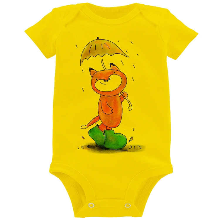 Body Bebê Raposa Fofinha Na Chuva - Amarelo