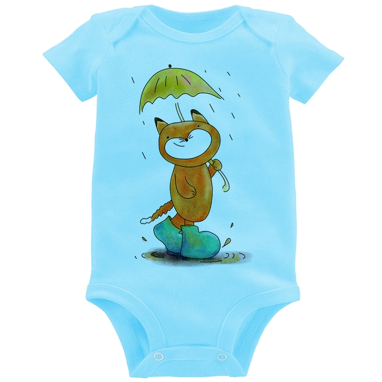 Body Bebê Raposa Fofinha Na Chuva - Azul Bebê
