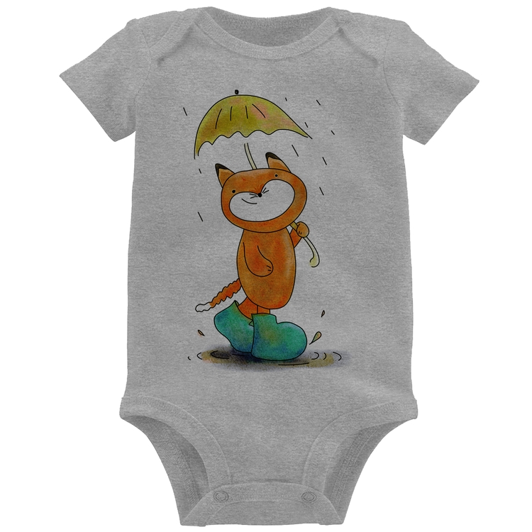 Body Bebê Raposa Fofinha Na Chuva - Cinza