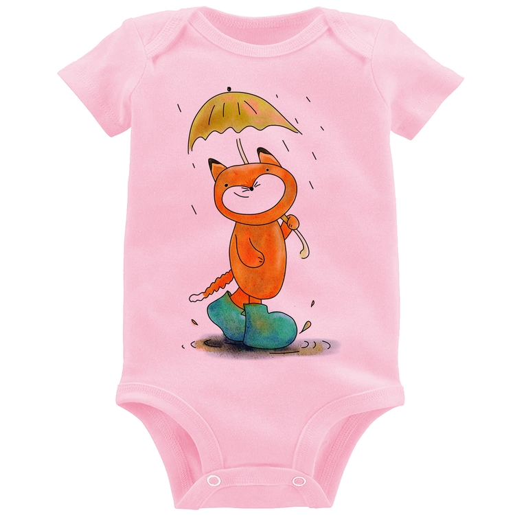Body Bebê Raposa Fofinha Na Chuva - Rosa Bebê