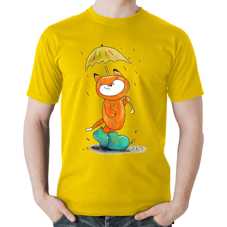 Camiseta Algodão Raposa Fofinha Na Chuva - Amarela