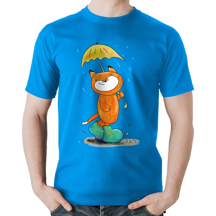 Camiseta Algodão Raposa Fofinha Na Chuva - Azul