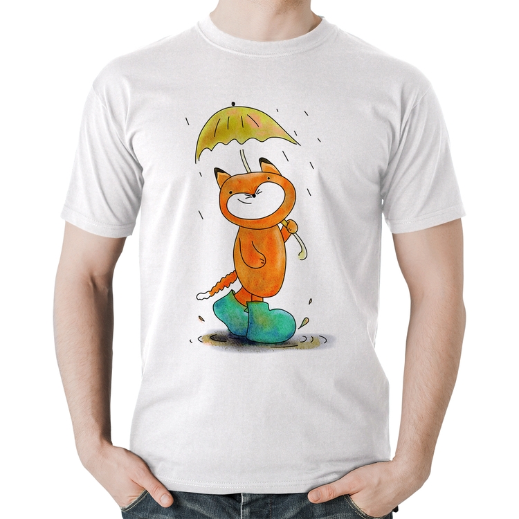 Camiseta Algodão Raposa Fofinha Na Chuva - Branca