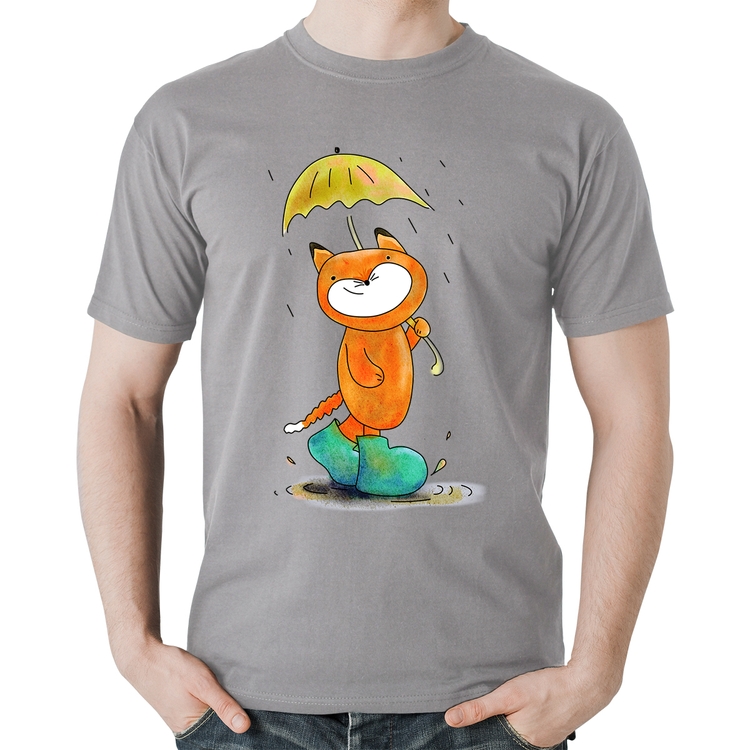 Camiseta Algodão Raposa Fofinha Na Chuva - Cinza