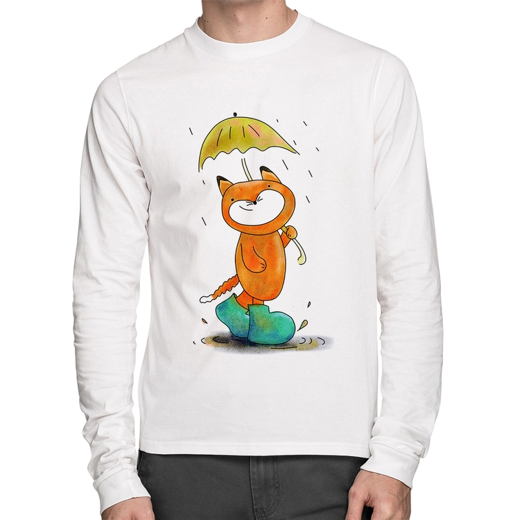 Camiseta Algodão Raposa Fofinha Na Chuva Manga Longa - Branca
