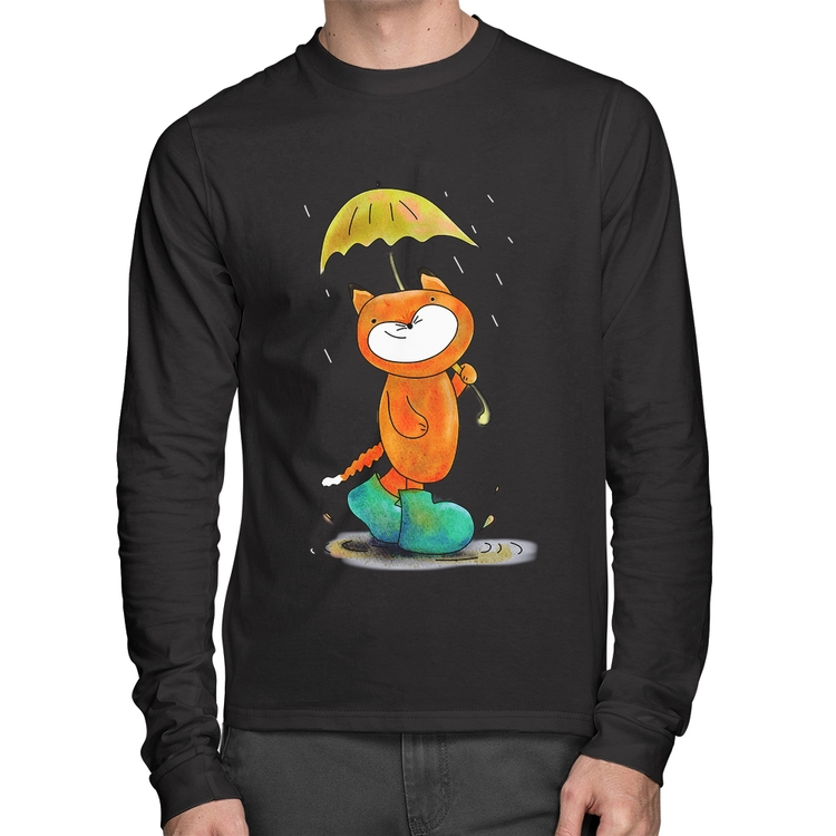 Camiseta Algodão Raposa Fofinha Na Chuva Manga Longa