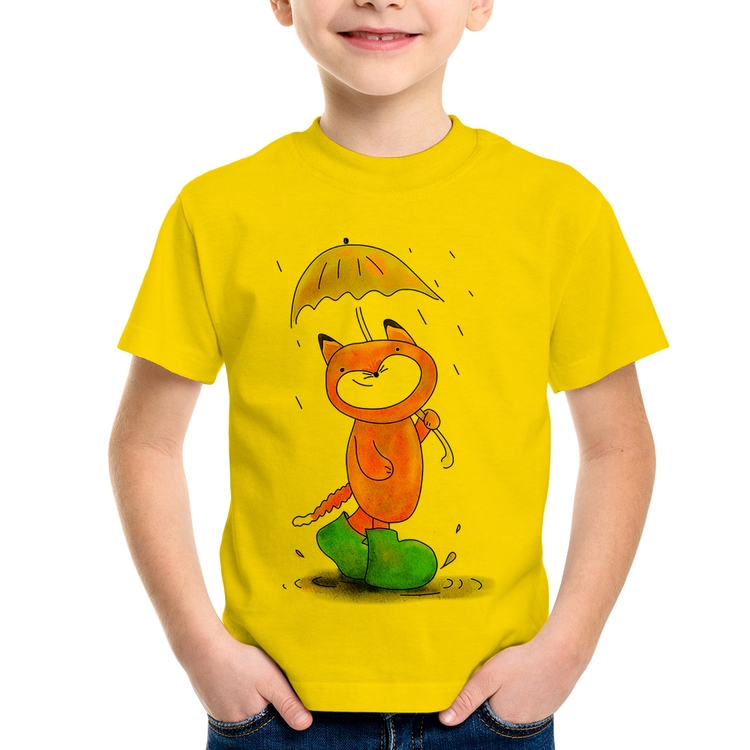 Camiseta Infantil Raposa Fofinha Na Chuva - Amarela