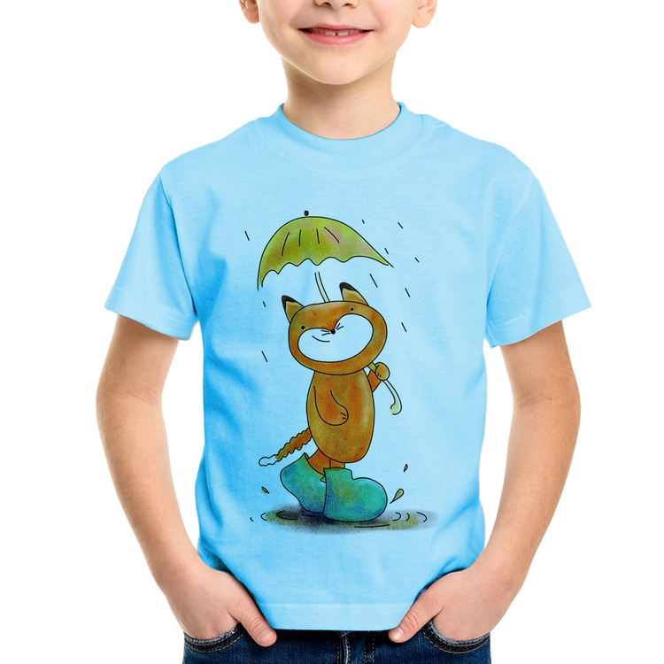 Camiseta Infantil Raposa Fofinha Na Chuva - Azul Bebê
