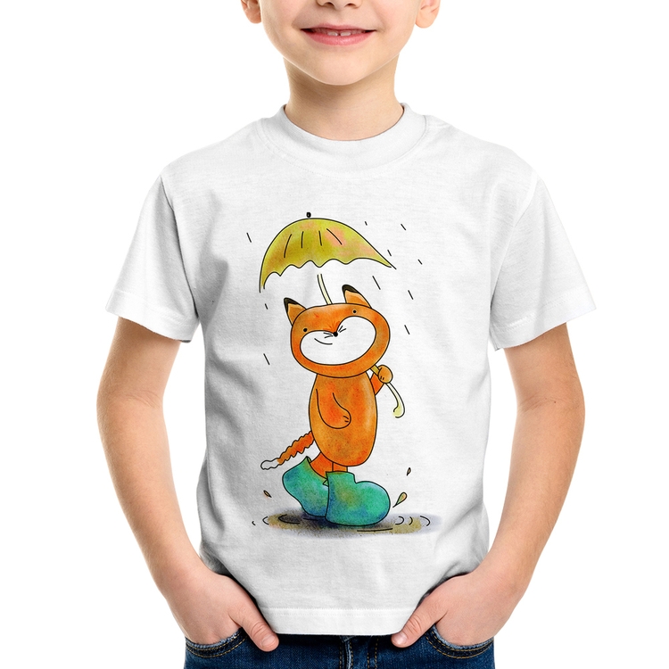 Camiseta Infantil Raposa Fofinha Na Chuva