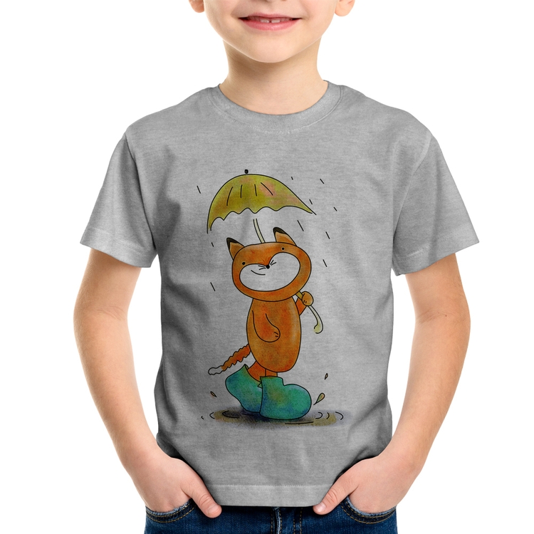 Camiseta Infantil Raposa Fofinha Na Chuva - Cinza