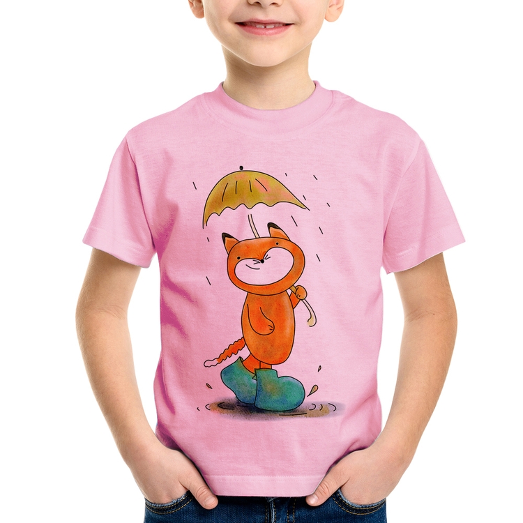Camiseta Infantil Raposa Fofinha Na Chuva - Rosa Bebê