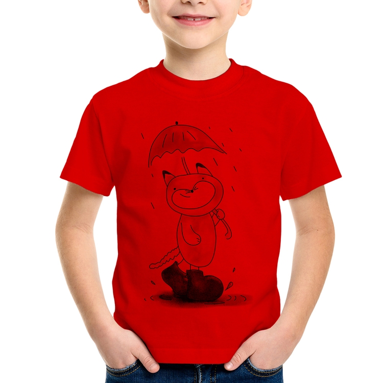 Camiseta Infantil Raposa Fofinha Na Chuva - Vermelha