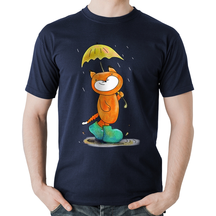 Camiseta Algodão Raposa Fofinha Na Chuva - Marinho