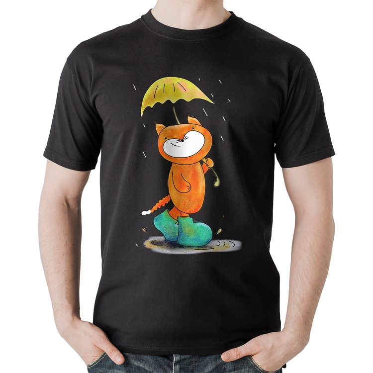 Camiseta Algodão Raposa Fofinha Na Chuva